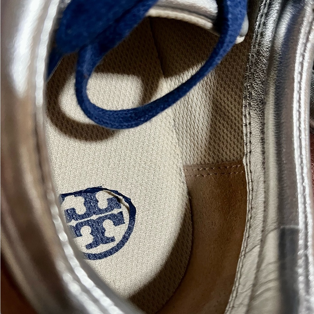 Tory Burch Silver/ Navy/ Sea Victorian Brielle Leather & Suede Sneakers - Picture 11 of 15